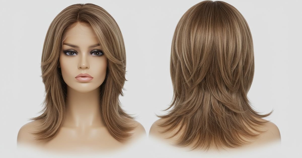 Front and back view of a mannequin showcasing layered brown hair extensions with a sleek finish.